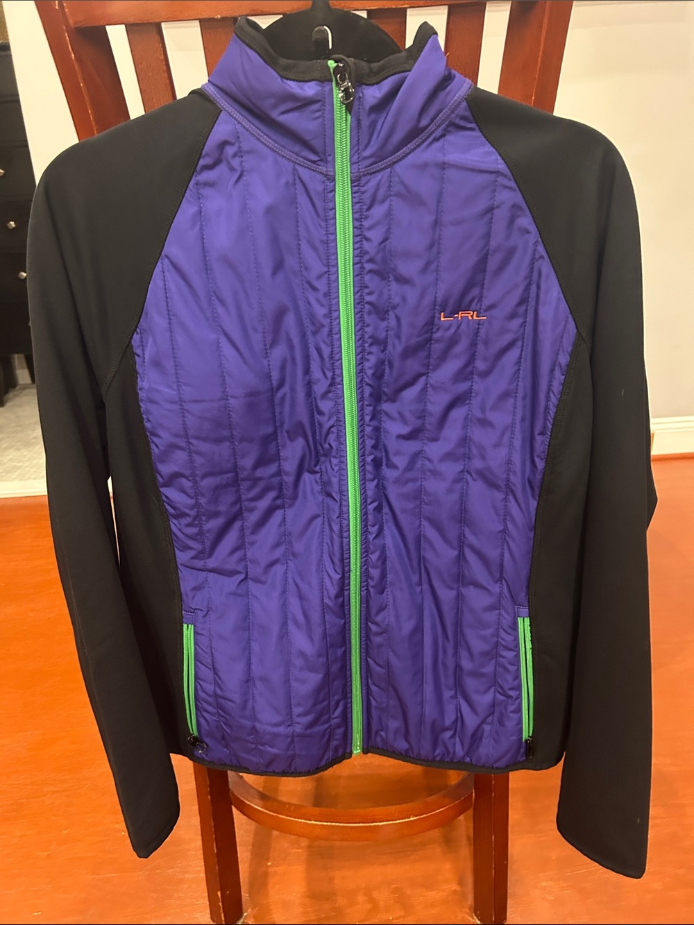 L-RL Purple Quilted Front Puffer Jacket with Black Sleeves and Green Zipper